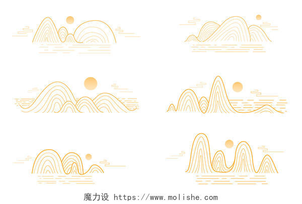 金色线条写意山水 线性山水 地产海报设计元素PSD